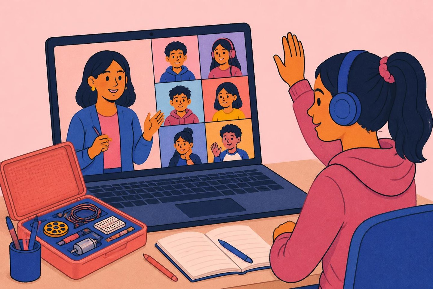 Illustration: a learner raising her hand in a live online class, with a practical kit box beside her