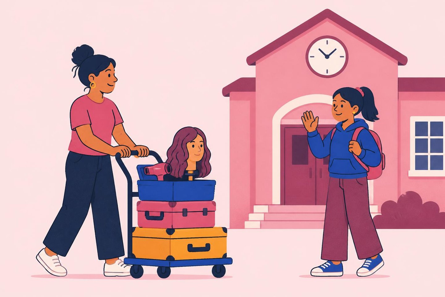 Illustration: an AAXA tutor wheeling training equipment to a school entrance as a learner waves