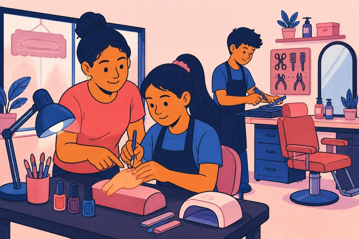 Illustration: a tutor guiding a learner through a nails practical at an AAXA site, with a learner at a tools workbench behind