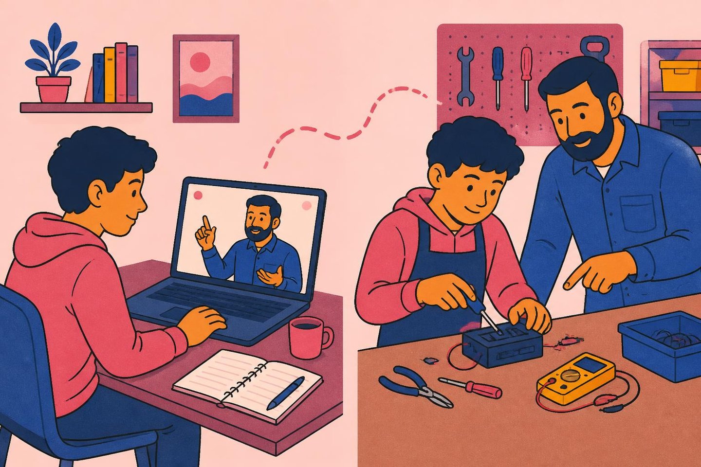 Illustration: a learner in a live online lesson at home, and the same learner doing practical work on site with a tutor