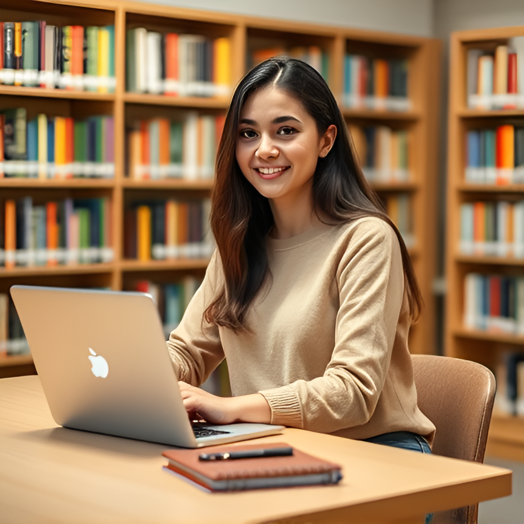 female_student_sitting_in_libarary_on_desk_and_table_using_laptop_side_pose_3719188396